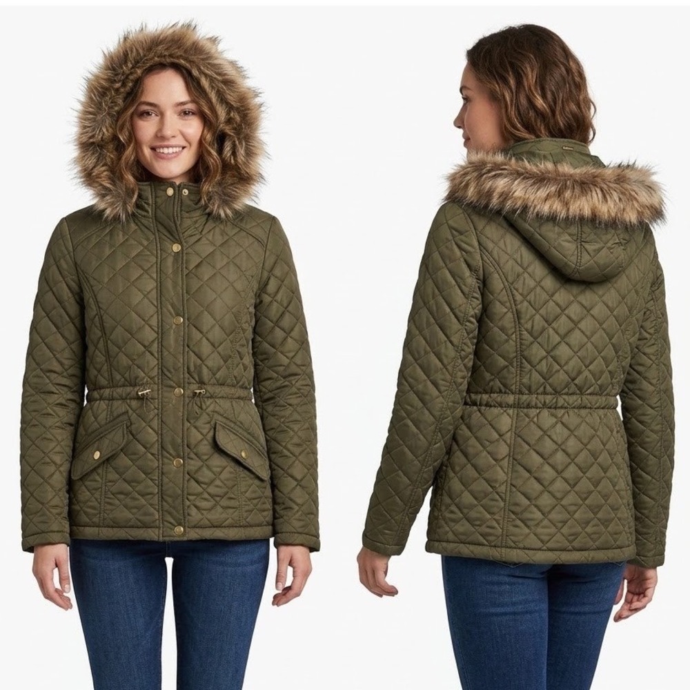 Forever Flower Juniors Quilted Puffer Jacket Olive Green Faux Fur Hood Medium